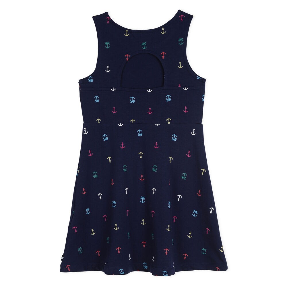 Girls' Fit & Flare Dress in Anchor Print,Navy,large