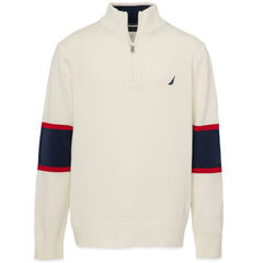 BOYS' STRIPED-SLEEVE QUARTER-ZIP SWEATER (8-20),Chalk,large