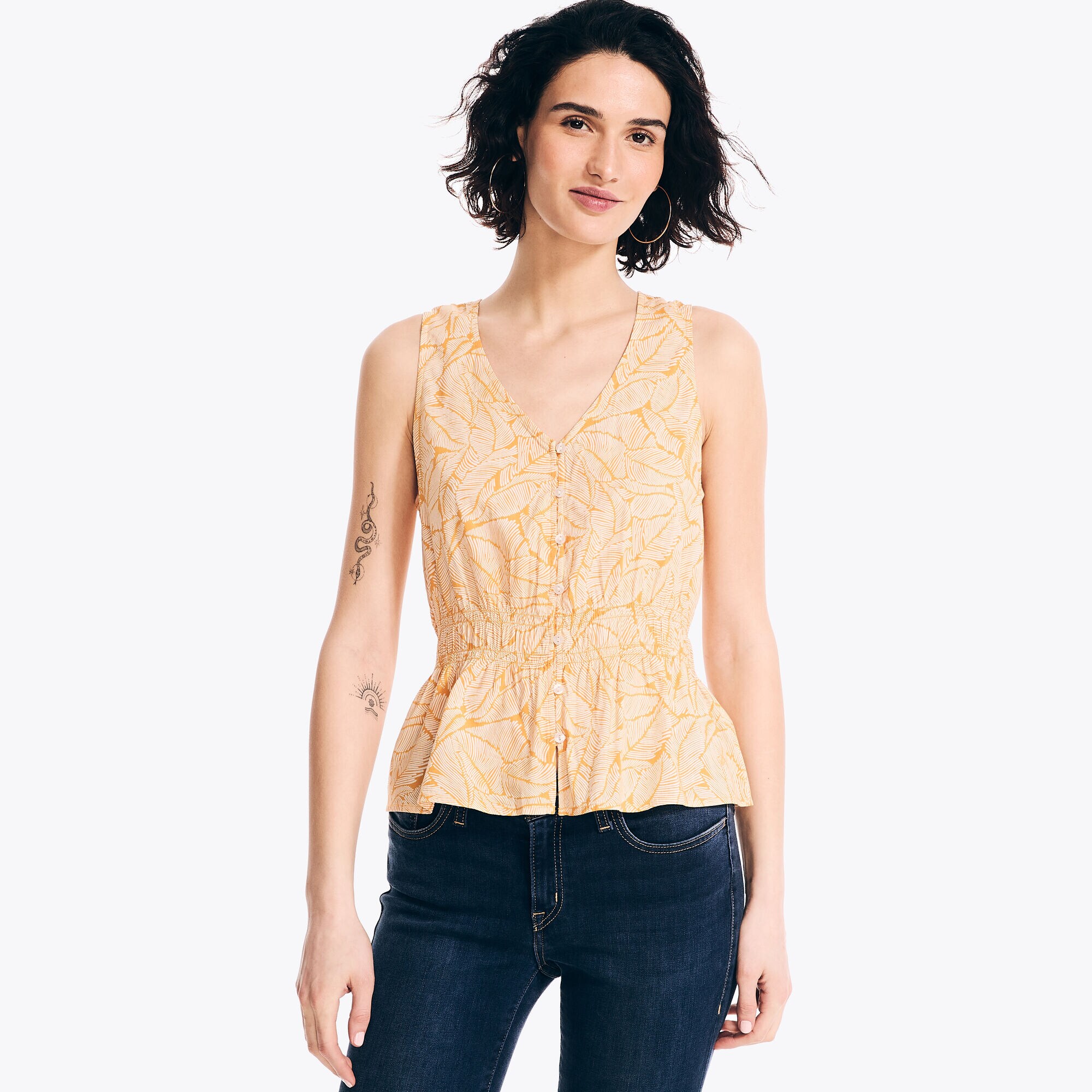 Printed Cinch-Waist Top,Nautica Yellow,large
