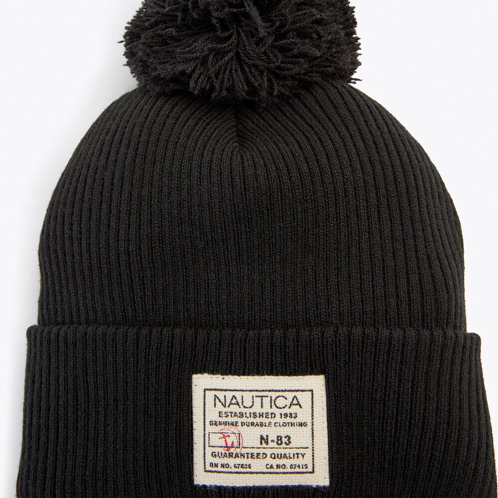 Rib-Knit Pom Hat,Black,large
