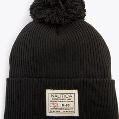Rib-Knit Pom Hat,Black,large