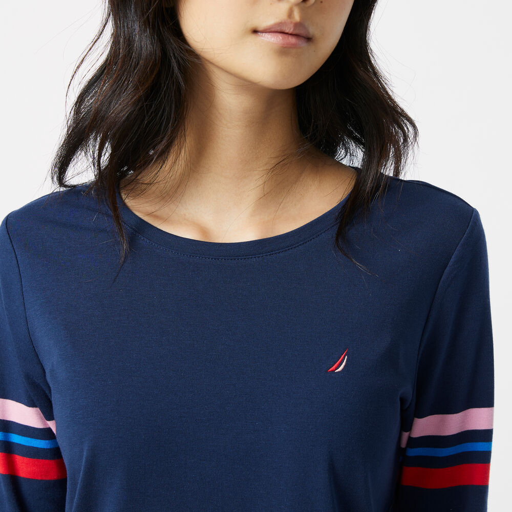 SUSTAINABLY CRAFTED STRIPE-SLEEVE TOP,Stellar Blue Heather,large