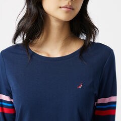SUSTAINABLY CRAFTED STRIPE-SLEEVE TOP,Stellar Blue Heather,large
