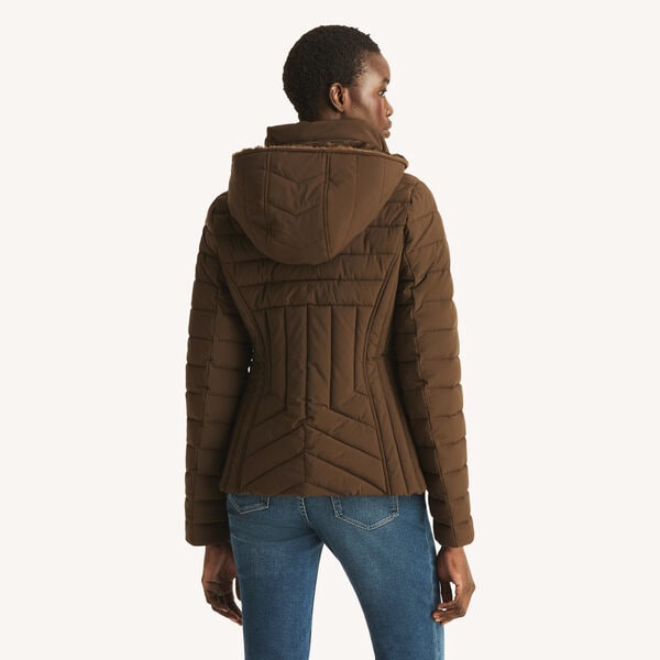 Short Hooded Jacket With Faux Fur Trim