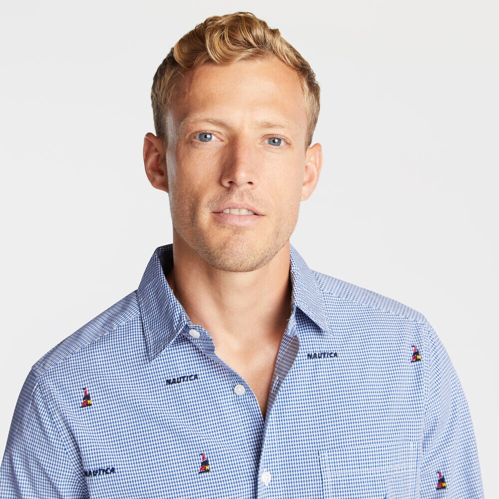 CLASSIC FIT STRETCH OXFORD IN EMBROIDERED BOAT PRINT,Clear Sky Blue,large