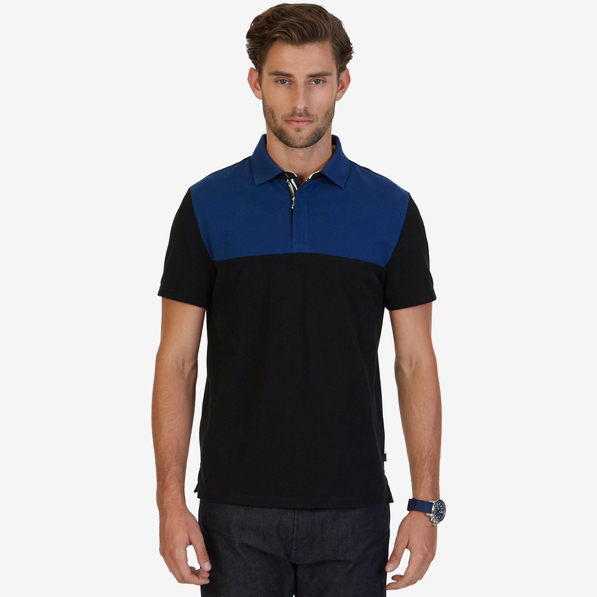 Zip Placket Polo Shirt,True Black,large