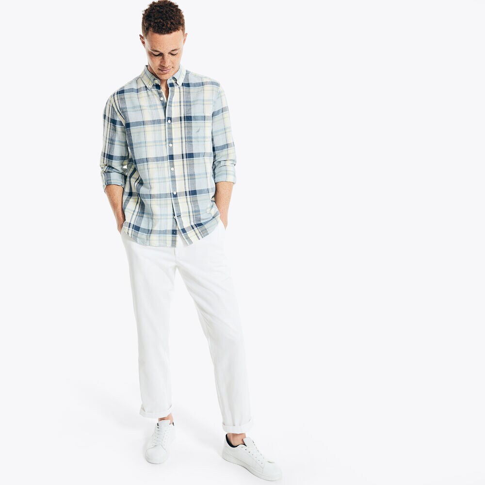 CLASSIC FIT PLAID LINEN SHIRT,Noon Blue,large