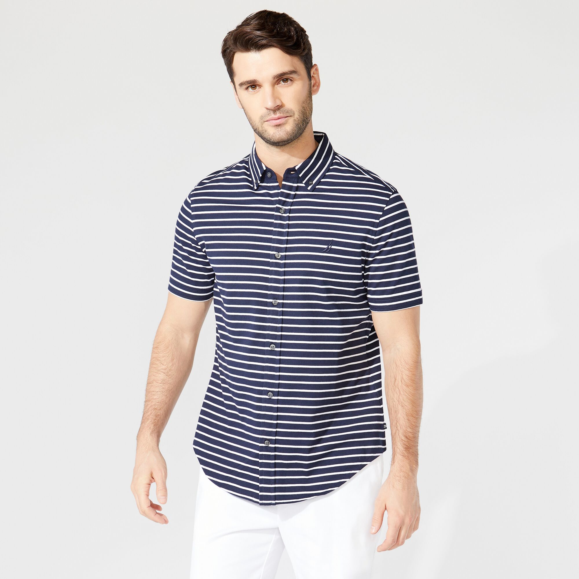 STRIPED HARBOR SHIRT,Navy,large