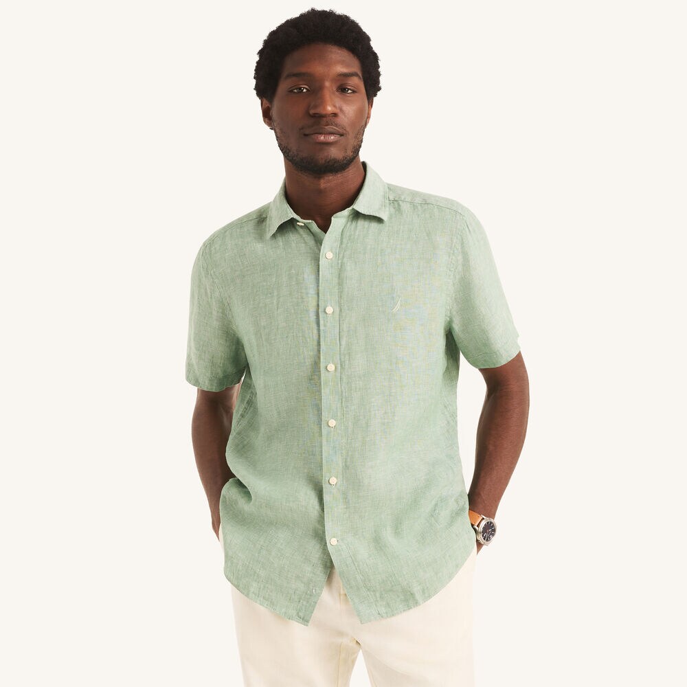 Solid Linen Short-Sleeve Shirt,Tropic Jade,large