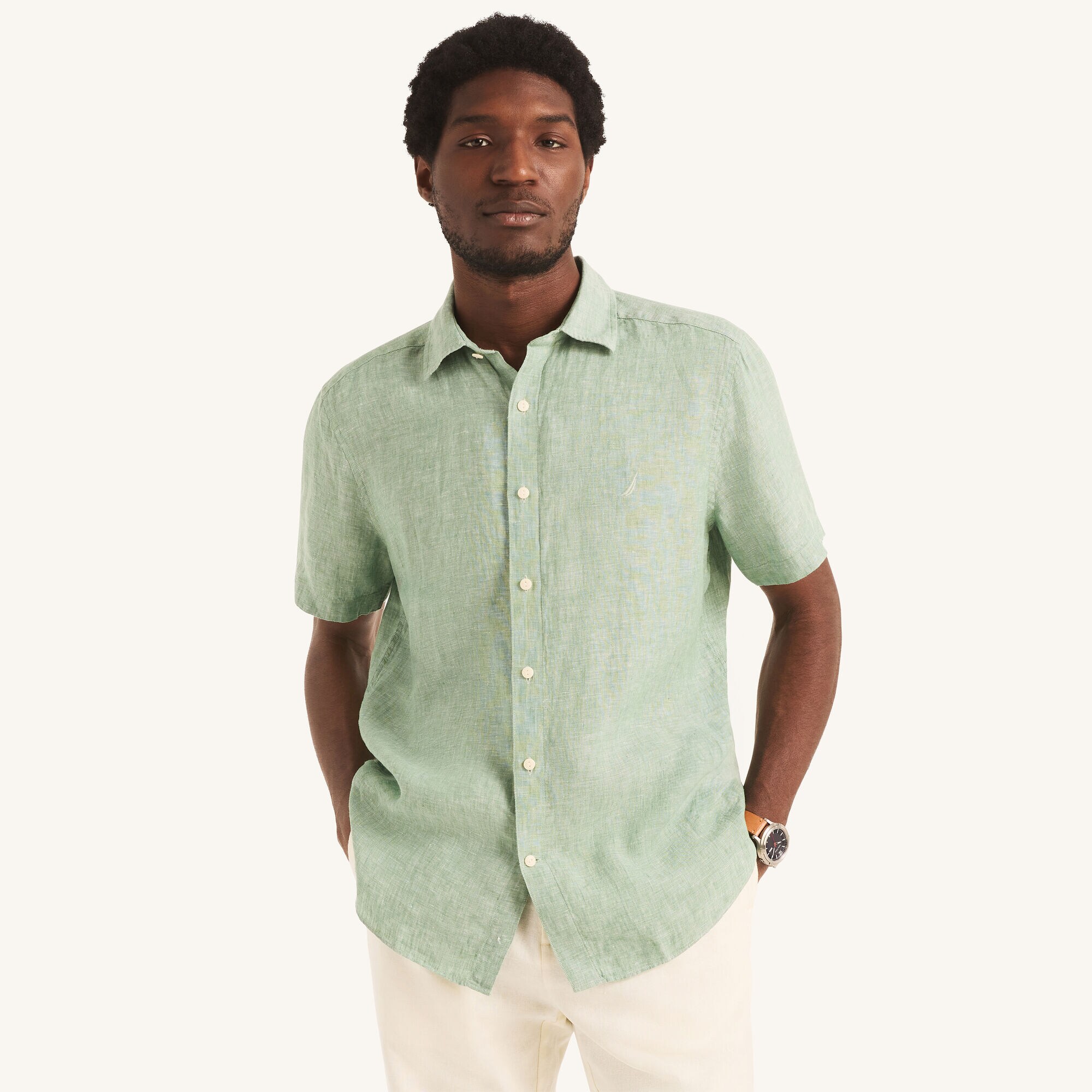 Solid Linen Short-Sleeve Shirt,Tropic Jade,large