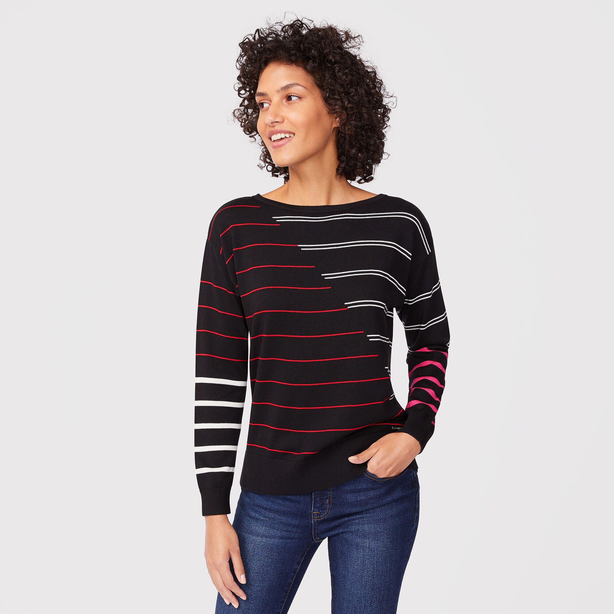 SUSTAINABLY CRAFTED MIXED-STRIPE BOATNECK SWEATER,True Black,large