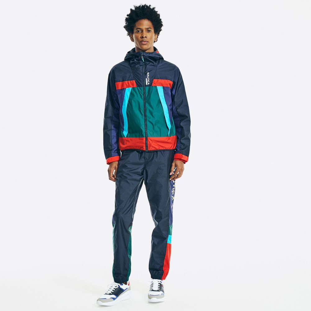 COLORBLOCK HOODED WINDBREAKER JACKET,Navy,large