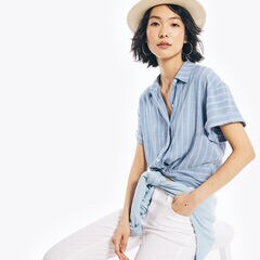 NAUTICA JEANS CO. TWIST-FRONT STRIPED BUTTON-UP TOP,Bright Cobalt,large