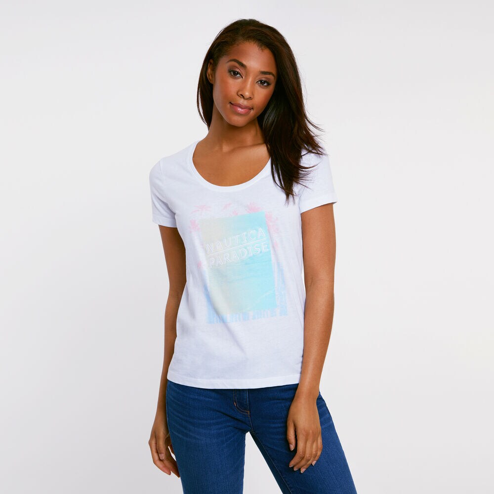 Paradise Scoop-Neck Short Sleeve Tee,Bright White,large