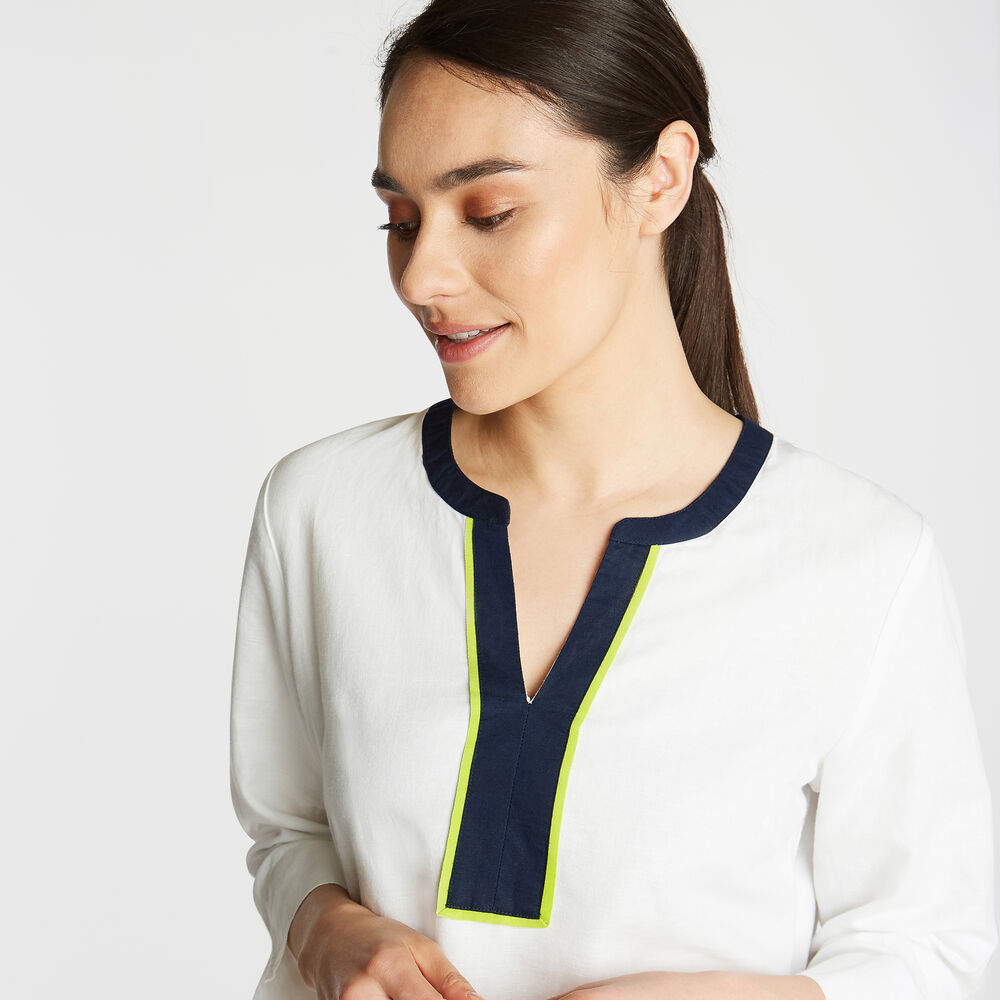 LINEN TUNIC TOP IN CONTRAST TRIM,Bright White,large