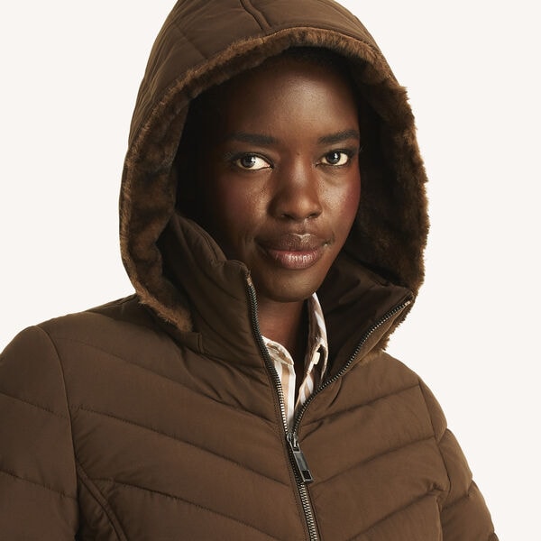 Short Hooded Jacket With Faux Fur Trim