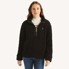 Quarter-Zip Faux Shearling Pullover,True Black,large