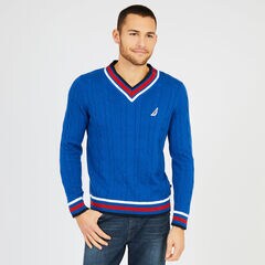 Cable Knit V-Neck Collegiate Sweater,J Navy,large