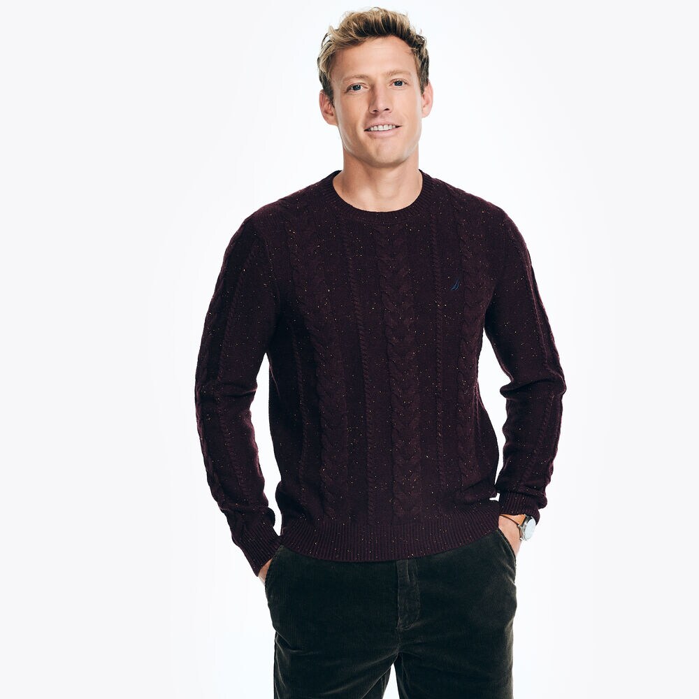 Sustainably Crafted Cable-Knit Crewneck Sweater,Rio Red,large