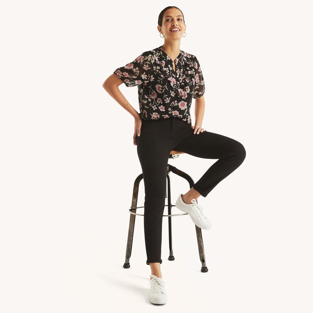 Floral-Print Ruffle Popover Top,True Black,large