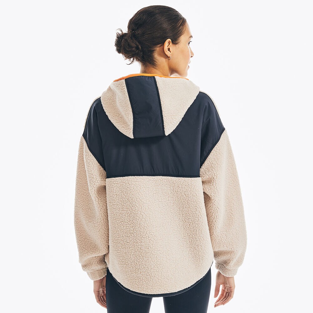 MIXED MEDIA QUARTER-ZIP SHERPA FLEECE HOODIE,Nautica Stone,large