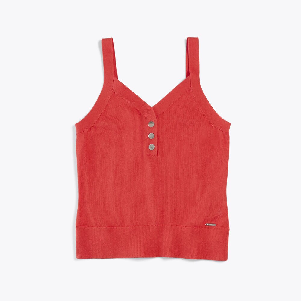SUSTAINABLY CRAFTED FAUX HENLEY SWEATER TANK,Tomato,large