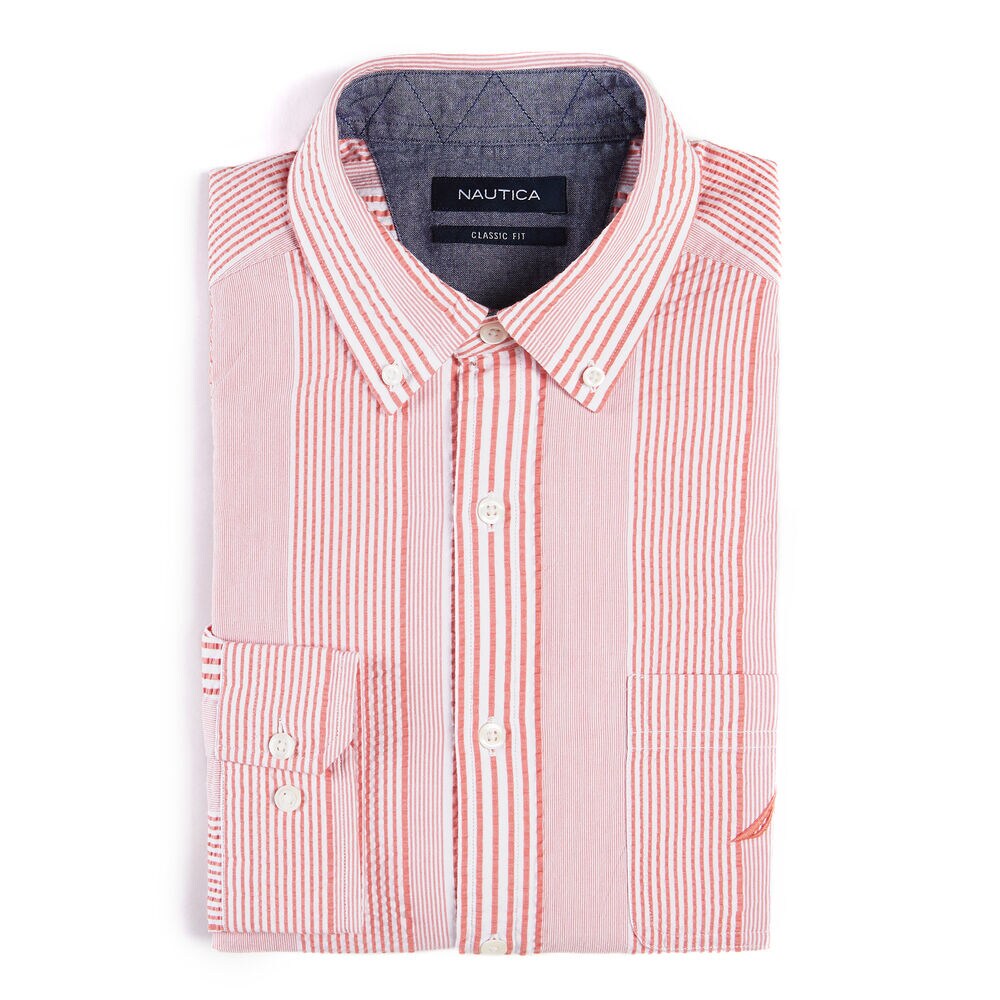 CLASSIC FIT SEERSUCKER STRIPE SHIRT,Coral Dream,large