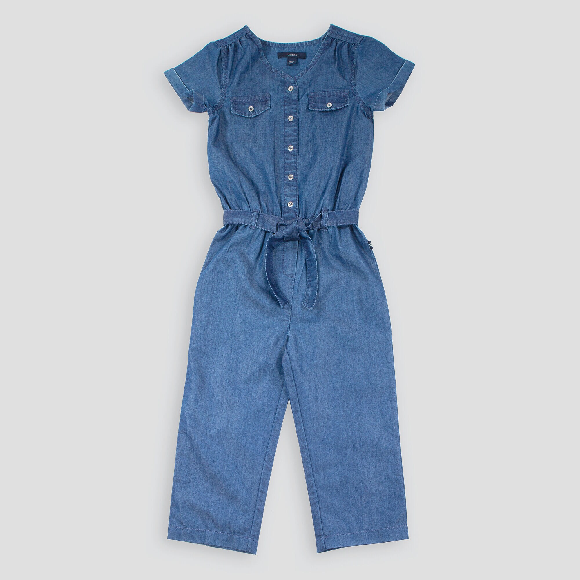 LITTLE GIRLS' WOVEN CHAMBRAY JUMPSUIT (4-7),Clear Sky Blue,large