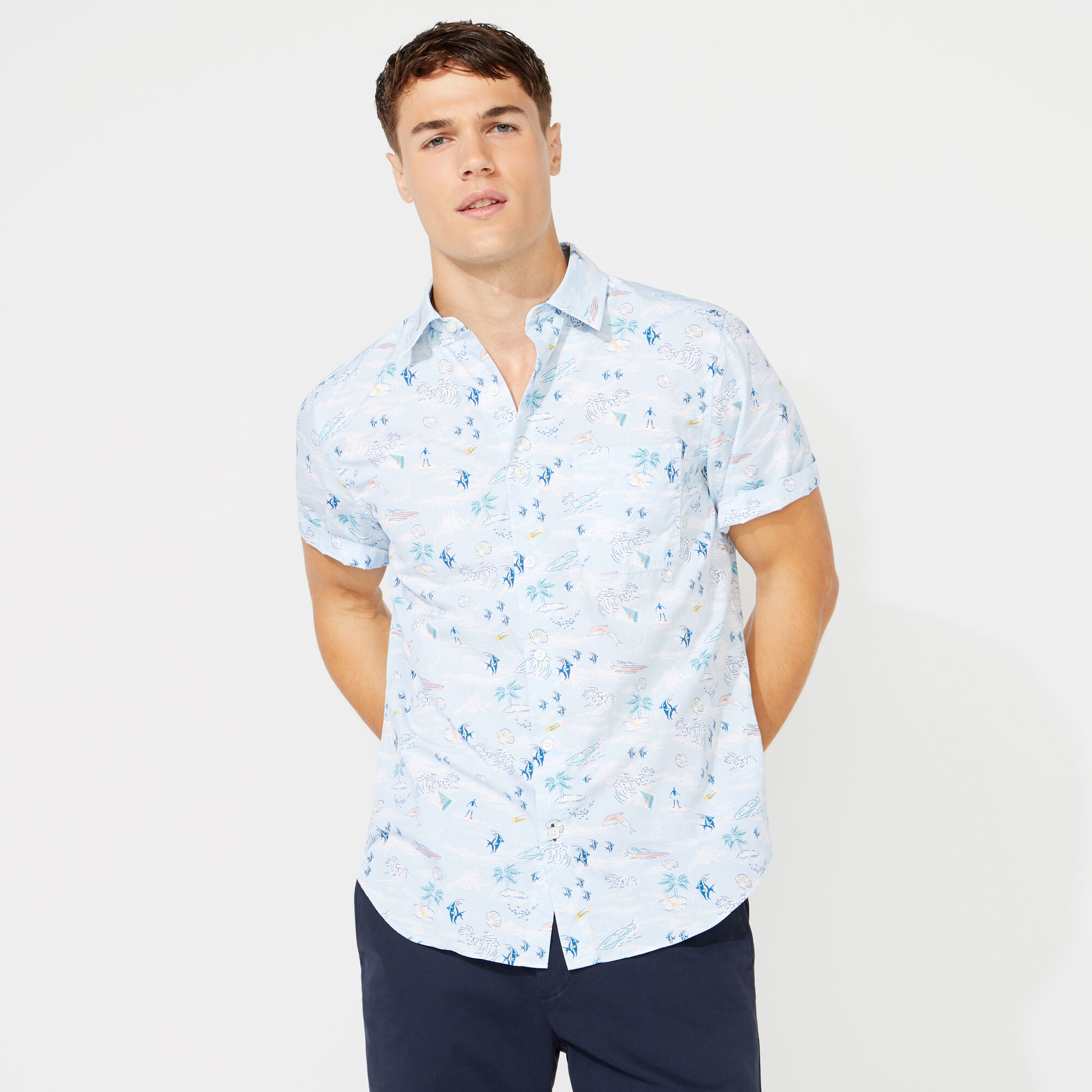 CLASSIC FIT SOUTH BEACH PRINTED SHIRT,Crystal Bay Blue,large
