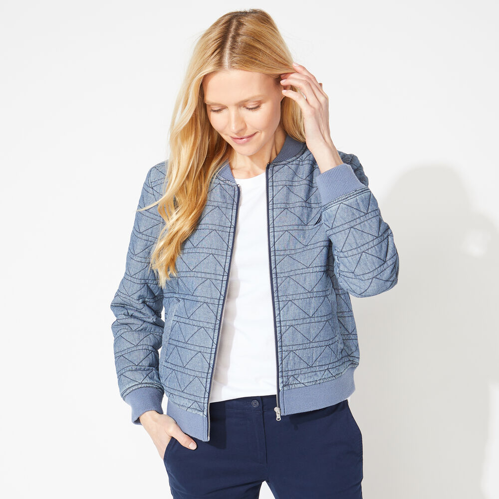 QUILTED CHAMBRAY BOMBER JACKET,Star Turquoise,large