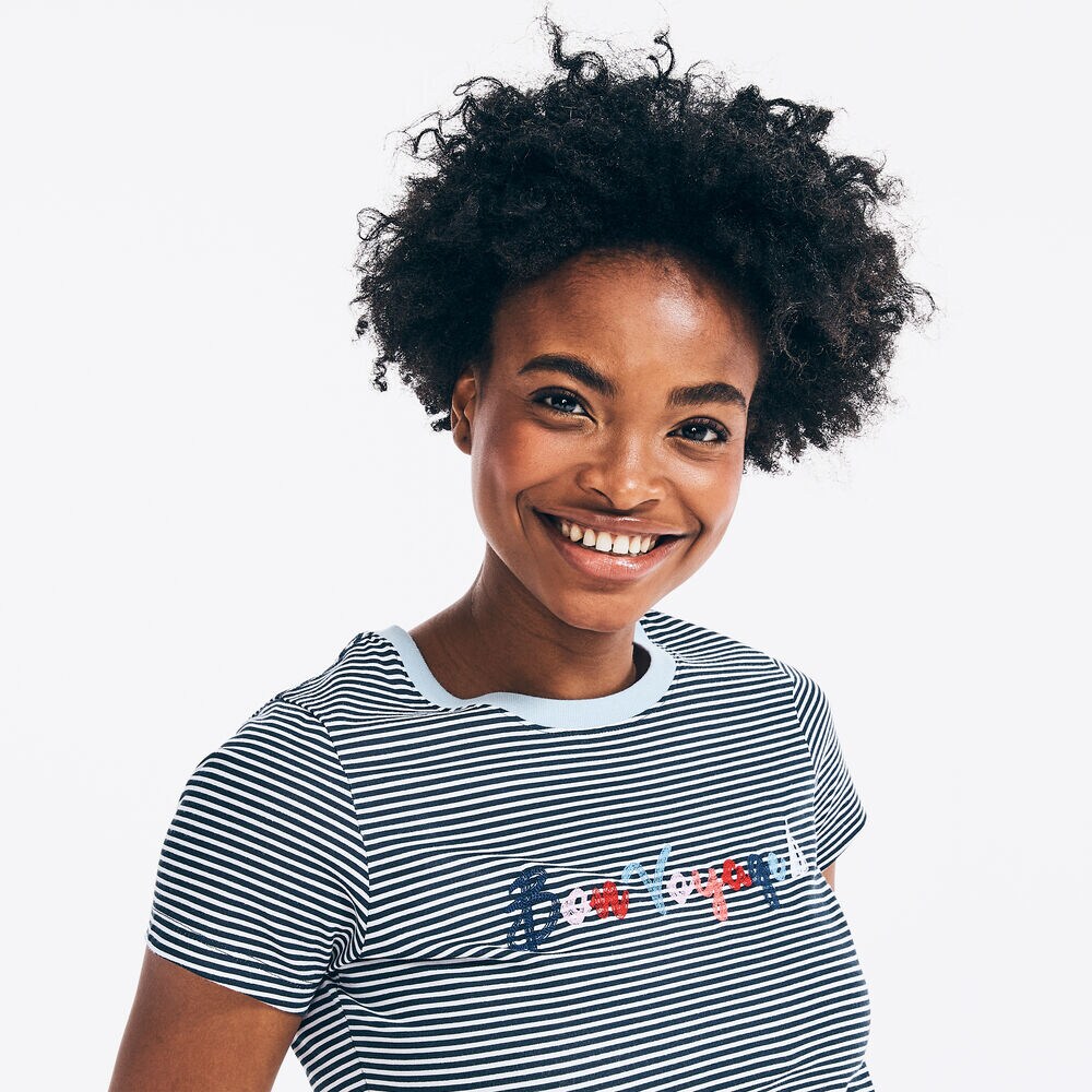 STRIPED BON VOYAGE GRAPHIC T-SHIRT,Stellar Blue Heather,large