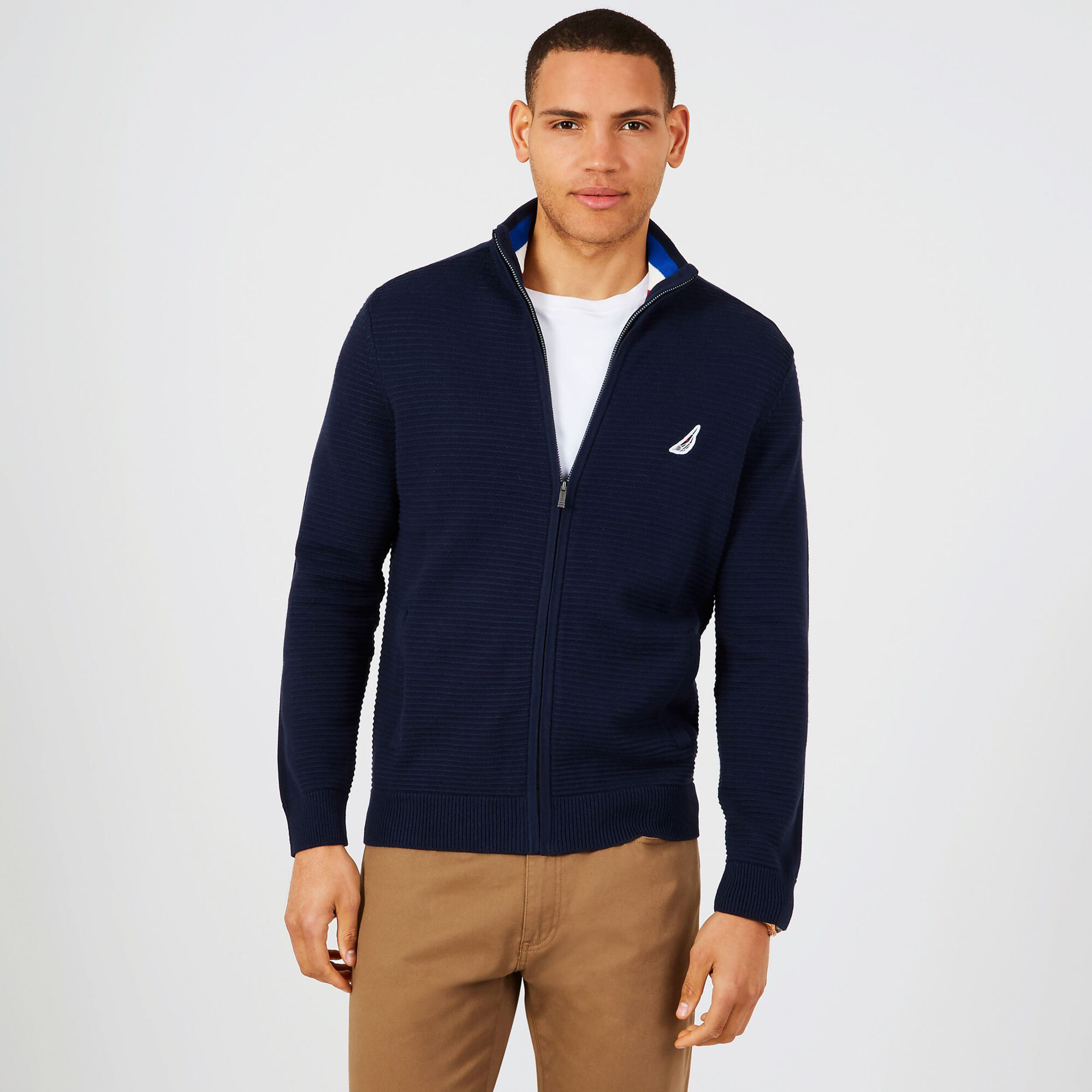 Mock-Neck Full-Zip Textured Sweater,Navy,large