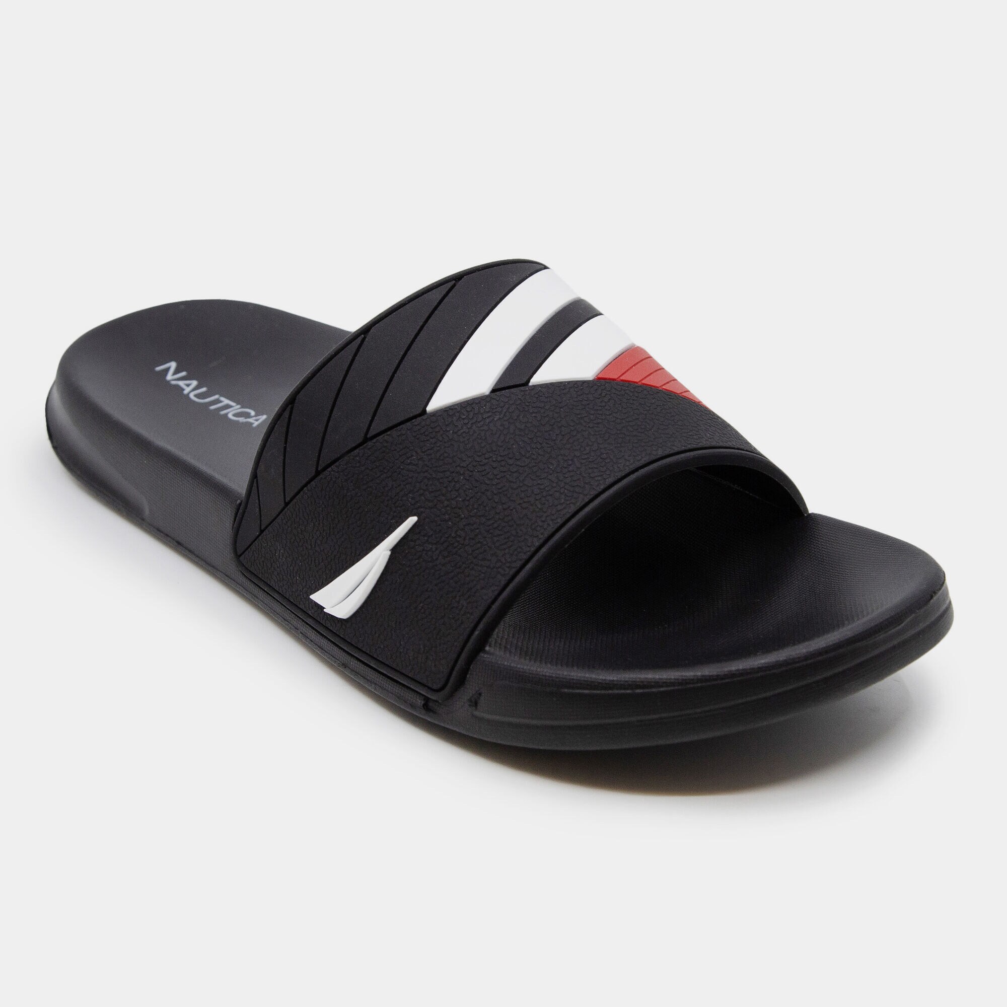 COLORBLOCK LOGO EMBOSSED STRIPE SLIDE SANDALS,True Black,large