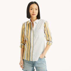 Striped Button-Up Shirt,Marigold,large
