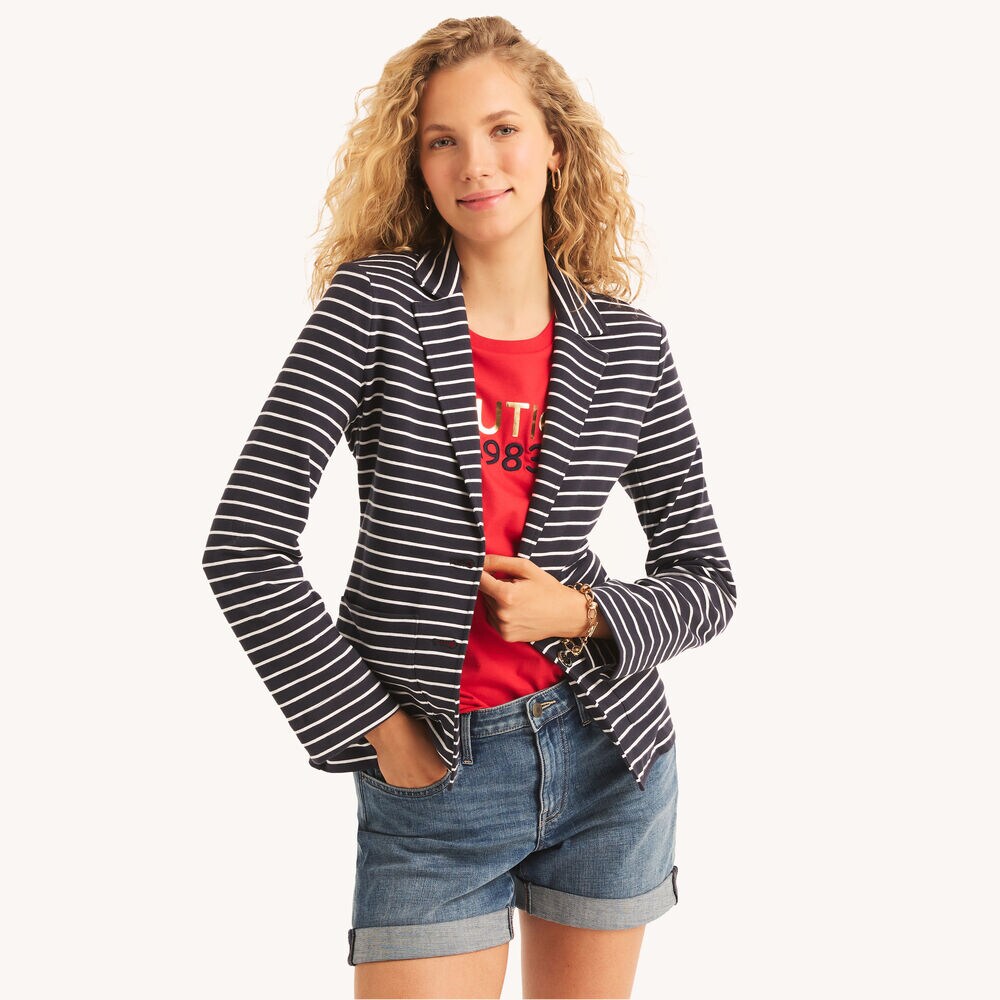 Sail Striped Knit Blazer,Navy,large