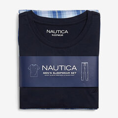 CLASSIC FIT SHORT SLEEVE PLAID PANT PAJAMA SET,Navy,large