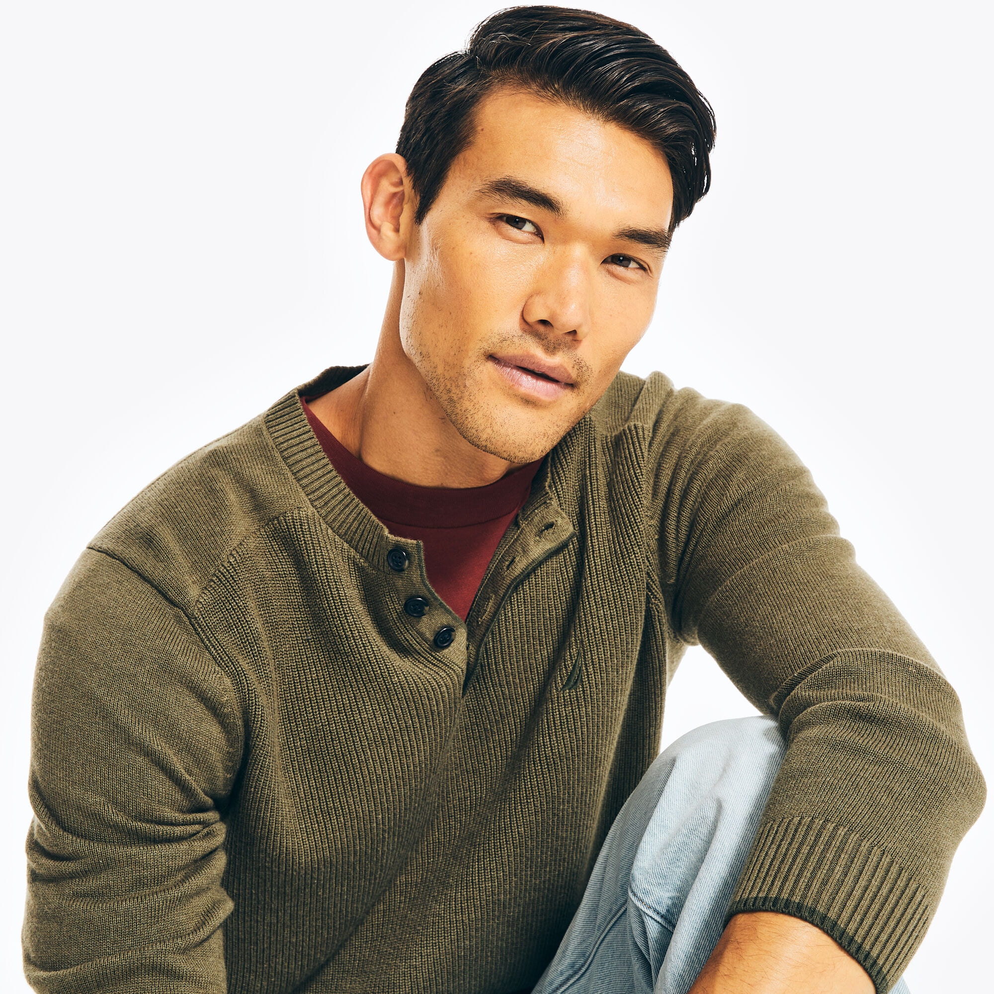 LONG-SLEEVE HENLEY SWEATER,Dark Hunter,large
