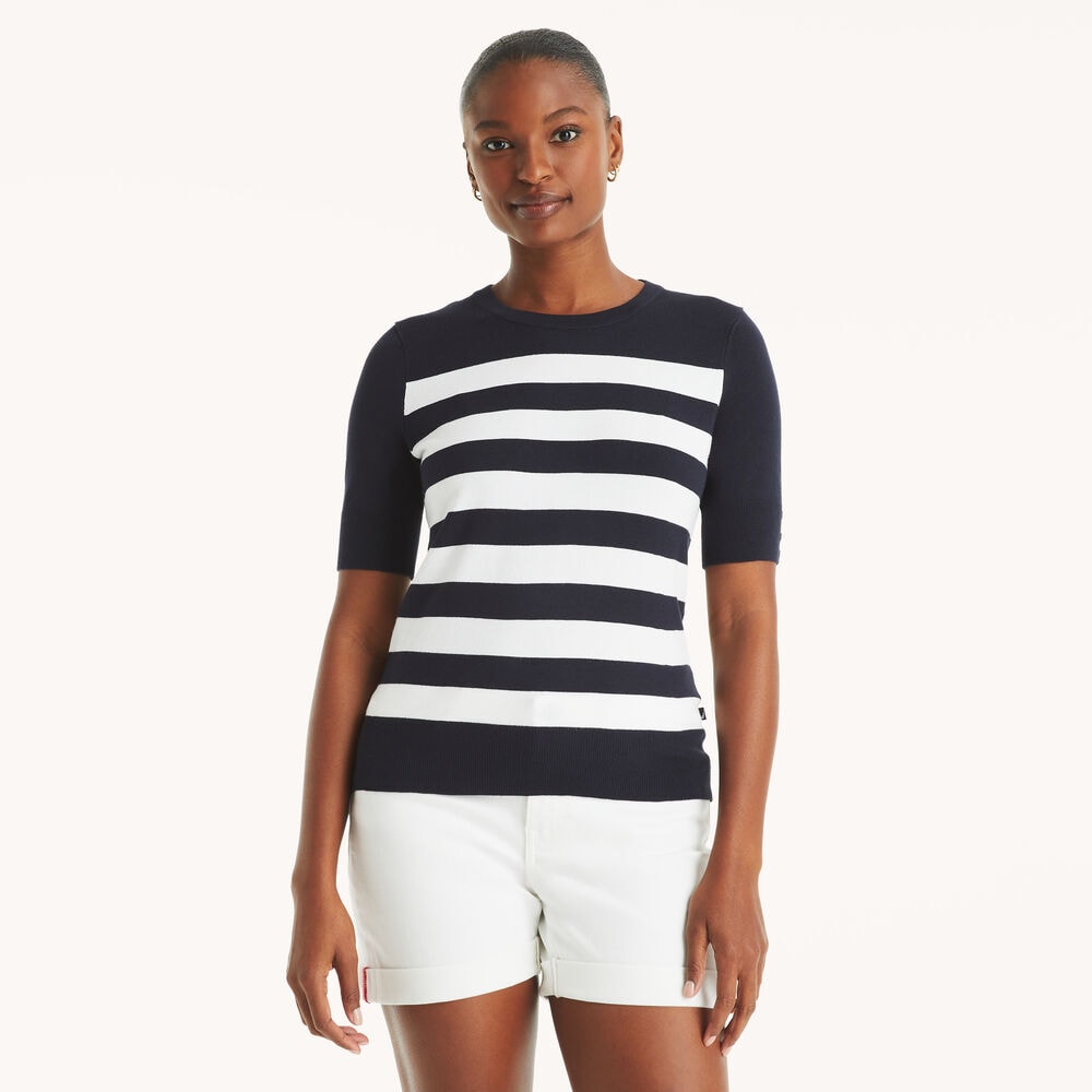Striped Short-Sleeve Sweater,Navy,large
