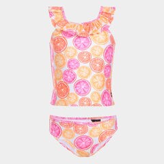 GIRLS' RUFFLED CITRUS PRINT TANKINI SWIMSUIT (8-20),Vibrant Orange,large