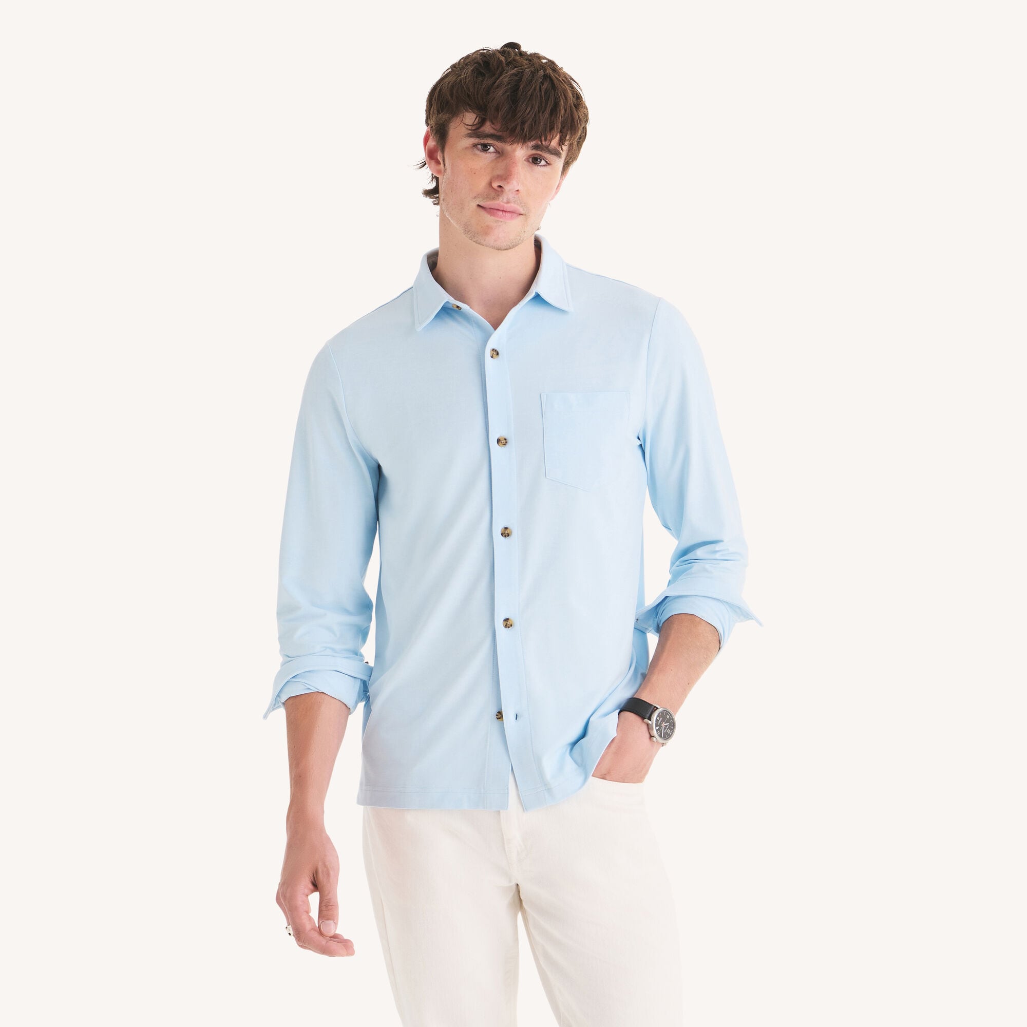 Golf Fit Long-Sleeve Button-Front Performance Polo,Ice Blue,large
