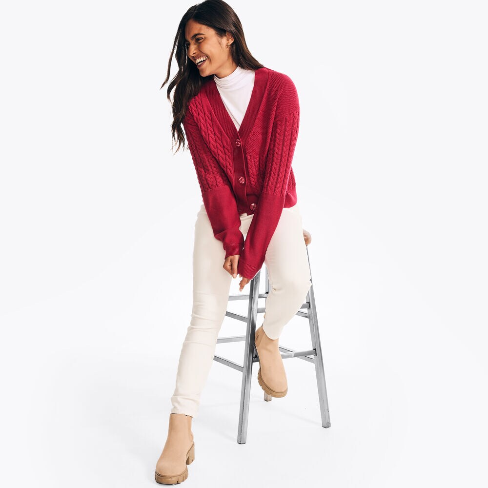 Mixed Stitch Cardigan,Deep Fuschia,large