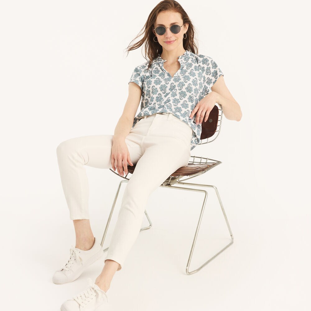 Printed Ruffle Popover Top,Bright White,large