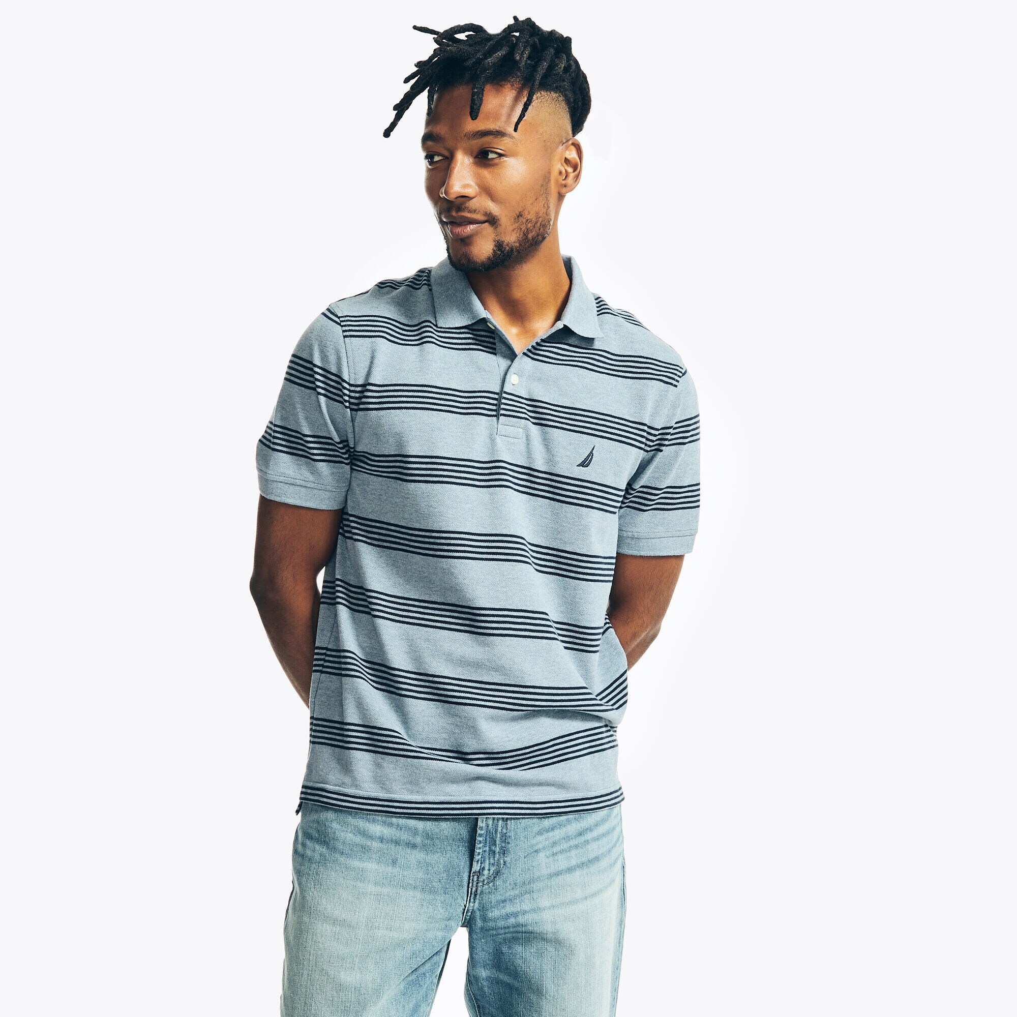 CLASSIC FIT STRIPED DECK POLO,Anchor Blue Heather,large