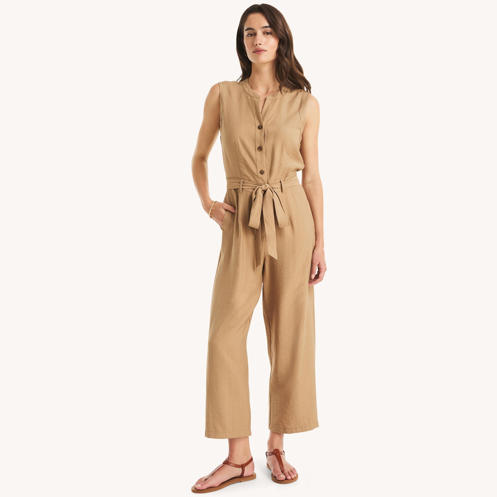 Waist Tie Jumpsuit,Coastal Tan,large