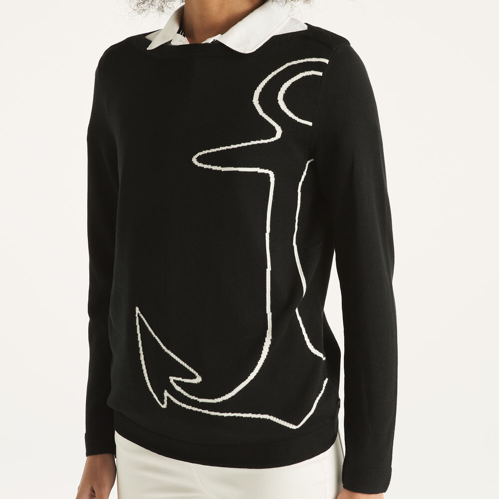 Intarsia Boatneck Sweater,True Black,large