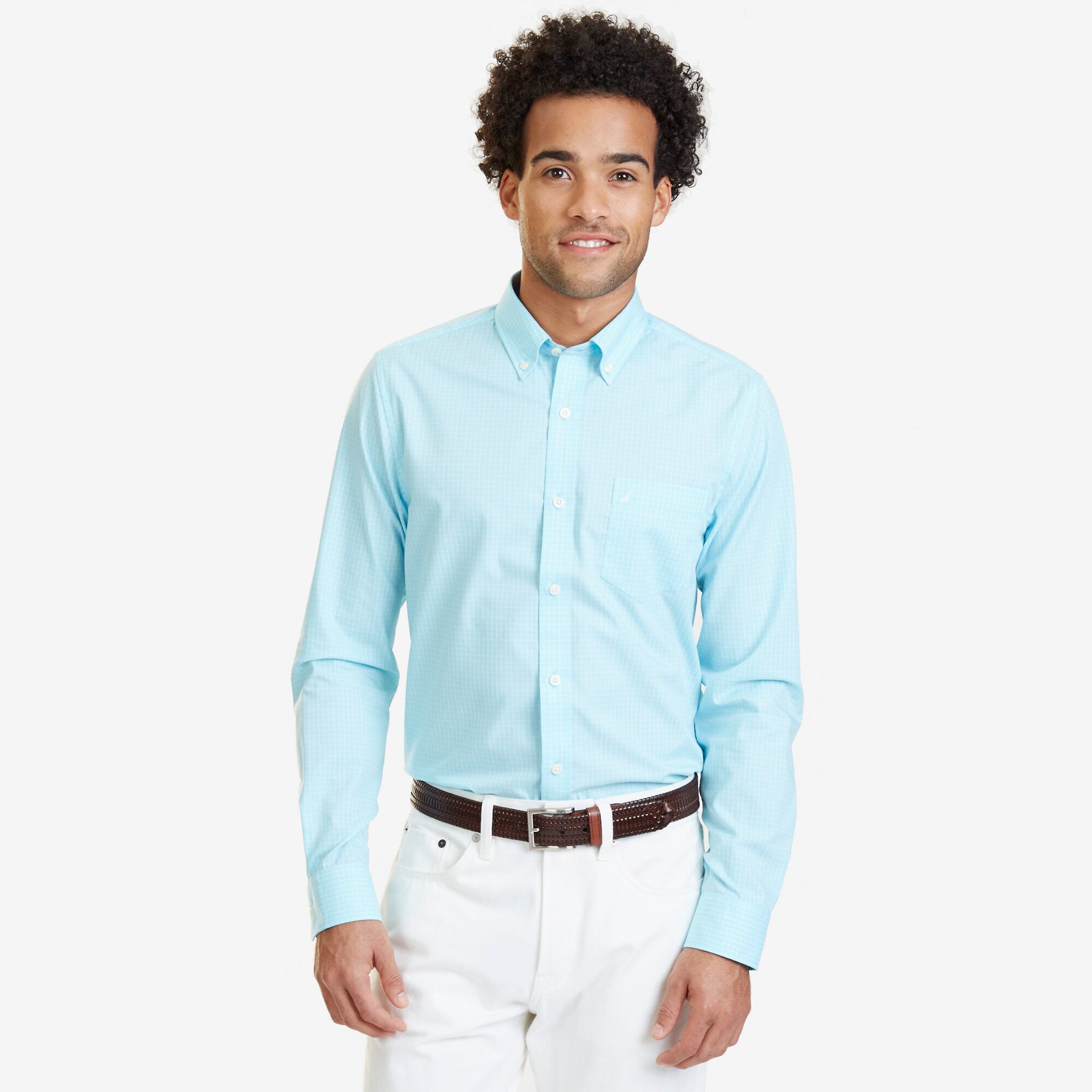 SLIM FIT WRINKLE-RESISTANT WINDOWPANE SHIRT,Sapphire/Pitch Yellow,large