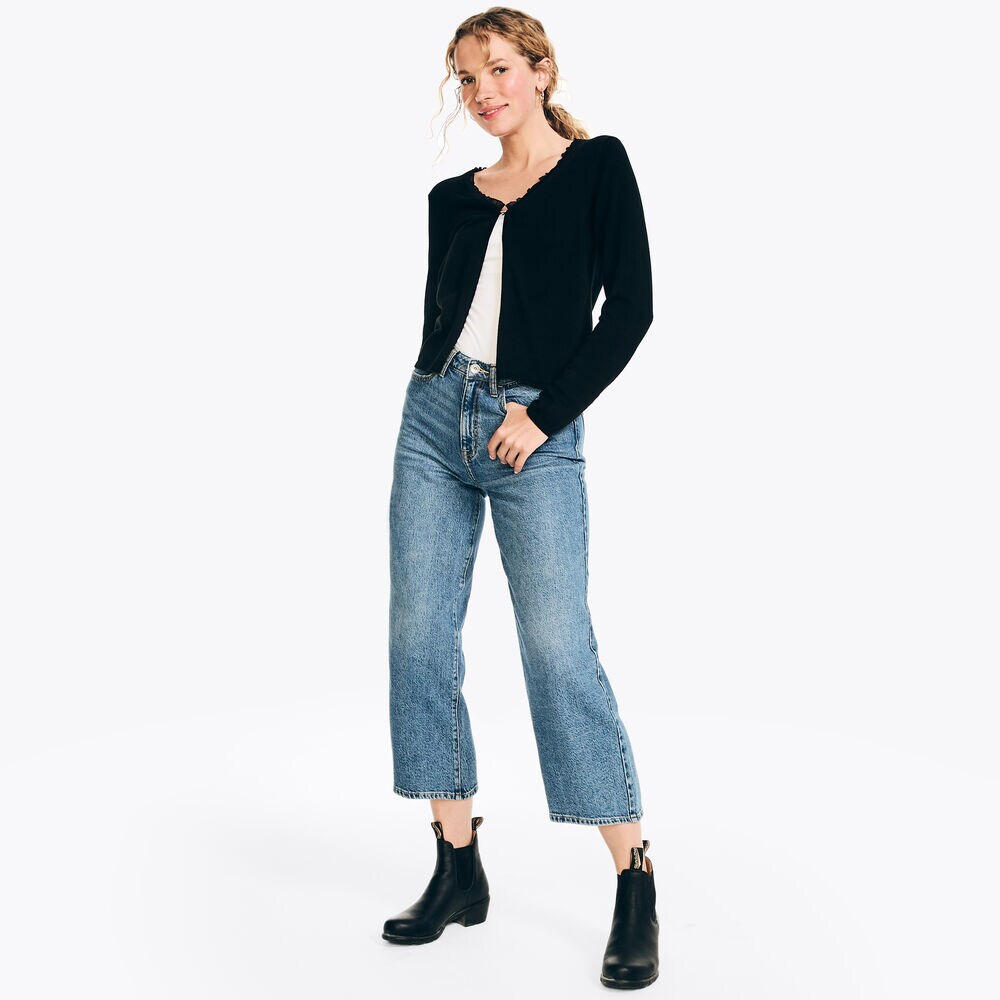 Sustainably Crafted Chiffon Trim Cardigan,True Black,large