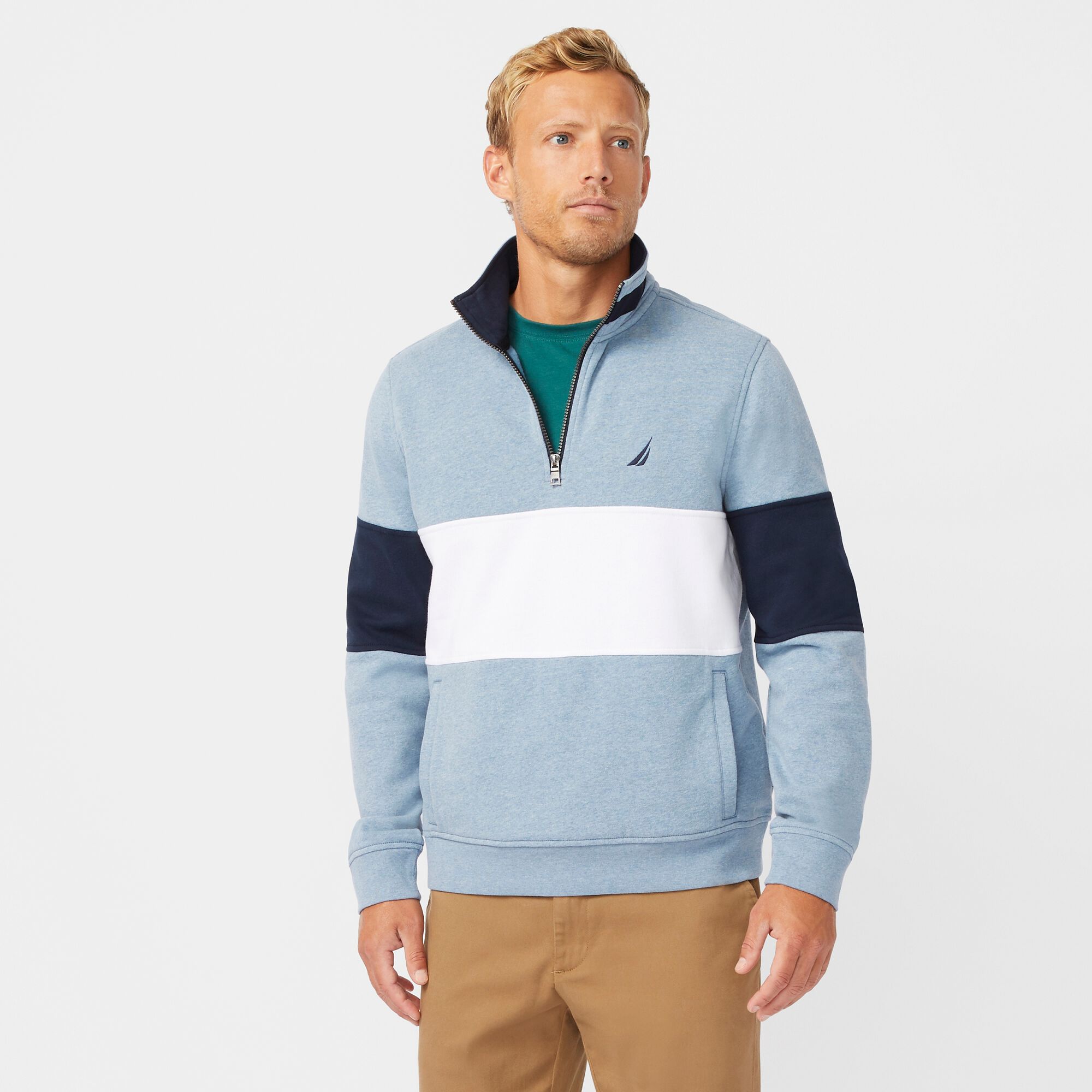 COLORBLOCK QUARTER-ZIP SWEATSHIRT,Anchor Blue Heather,large