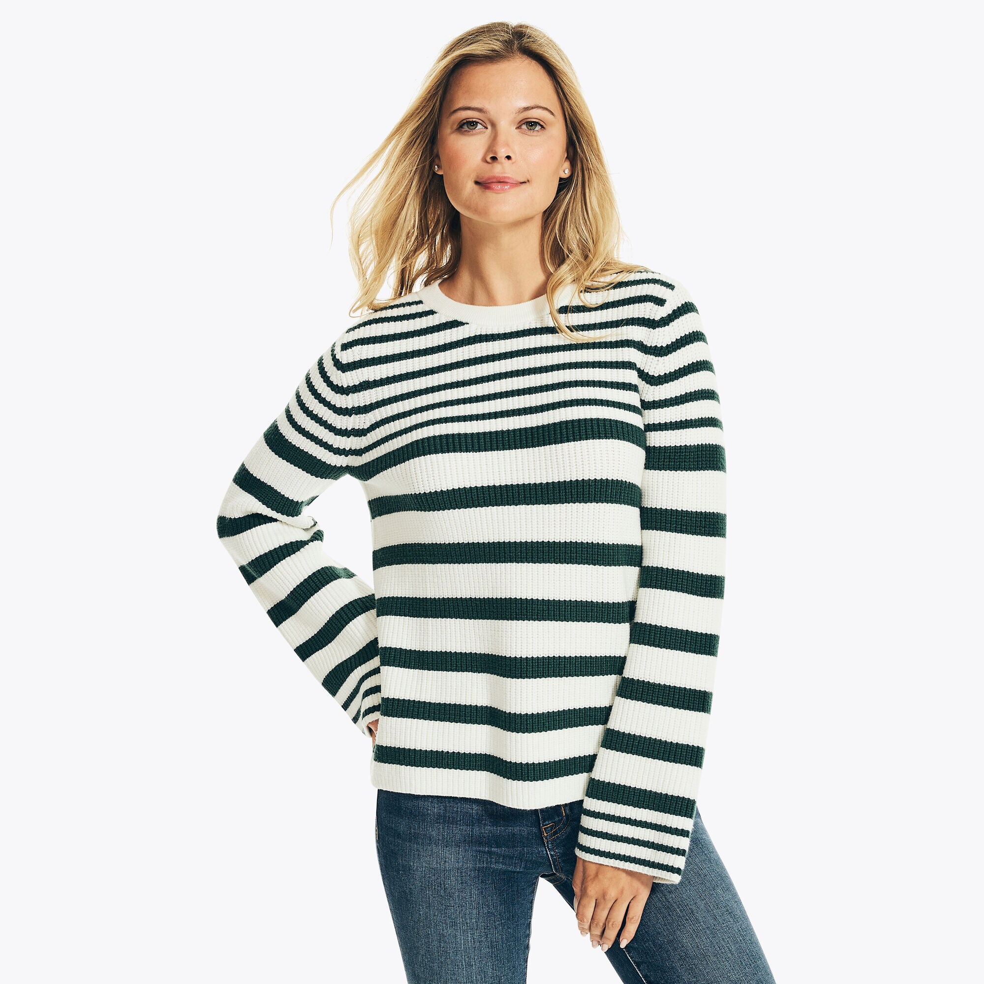 SUSTAINABLY CRAFTED STRIPED BELL SLEEVE SWEATER,Marshmallow,large