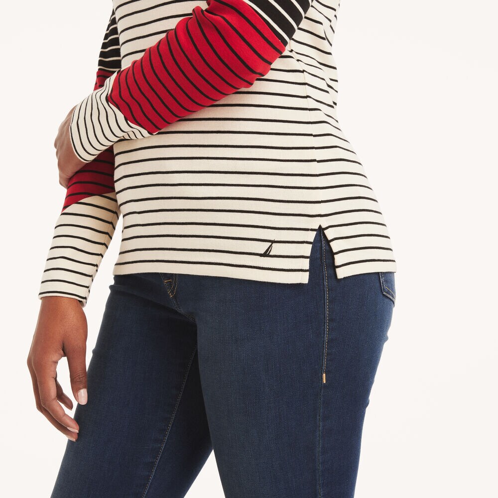 Striped Colorblock Boatneck Top,Sail White,large